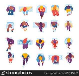 Sitting people top view. Citizens persons sit on different chairs or armchairs with laptops, books and phones. Men and women relax on couches or benches. Vector isolated guys and girls on seats set. Sitting people top view. Citizens sit on different chairs or armchairs with laptops, books and phones. Men and women relax on couches or benches. Vector guys and girls on seats set
