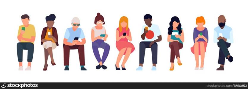 Sitting people use gadgets. Multinational men and women sit in row, look at smartphones screens, modern mobile technologies and internet surfing vector set. Sitting people use gadgets. Multinational men and women sit in row, look at smartphones screens, modern mobile technologies, vector set