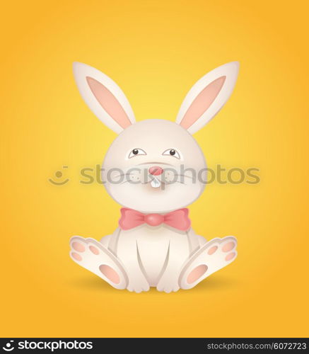 Sitting rabbit with a red bow on a yellow background. Vector illustration.