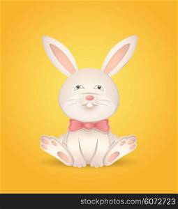 Sitting rabbit with a red bow on a yellow background. Vector illustration.