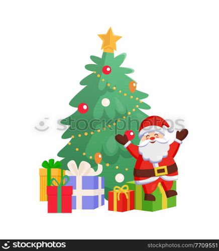 Sitting Santa with raising arms on gift box near Christmas tree decorated with balls. Winter holiday card with presents and cheerful Claus vector. Santa Sitting on Gift Box near Fir-tree Vector