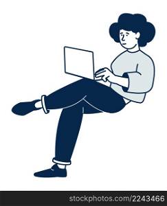 Sitting woman holding laptop on knees. Girl watching social media feed. Vector illustration. Sitting woman holding laptop on knees. Girl watching social media feed