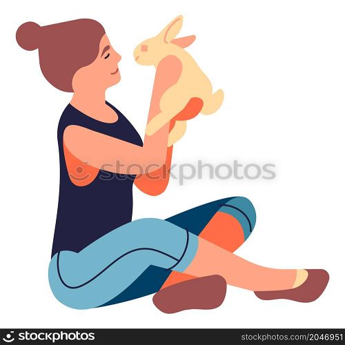 Sitting woman holding rabbit. Girl playing with bunny. Cute lovely pet. Vector illustration. Sitting woman holding rabbit. Girl playing with bunny. Cute lovely pet
