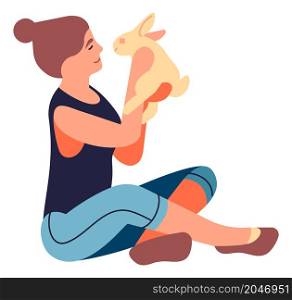 Sitting woman holding rabbit. Girl playing with bunny. Cute lovely pet. Vector illustration. Sitting woman holding rabbit. Girl playing with bunny. Cute lovely pet