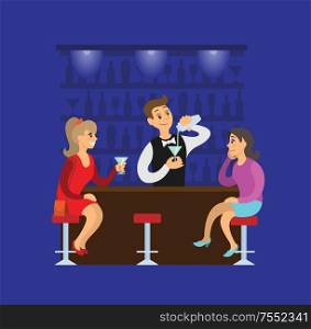Sitting women with cocktail, barman pouring drink in glass. Bartender mixing fresh alcohol for girl. Working waiter in dark pub and relaxing friends vector. Women with Glasses, Barman Making Cocktail Vector