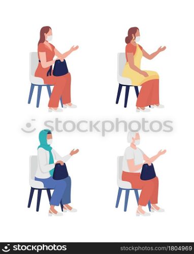 Sitting women with face masks semi flat color vector characters set. Full body people on white. Social interaction isolated modern cartoon style illustration for graphic design and animation. Sitting women with face masks semi flat color vector characters set