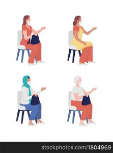 Sitting women with face masks semi flat color vector characters set. Full body people on white. Social interaction isolated modern cartoon style illustration for graphic design and animation. Sitting women with face masks semi flat color vector characters set