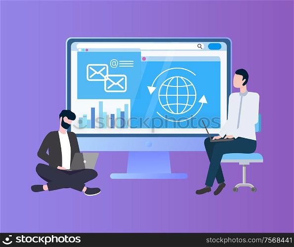 Sitting workers with laptop near big monitor on purple. Working computer, open desktop with program. Gadgets and workteam, modern technology vector. Sitting Workers with Laptop near Monitor Vector