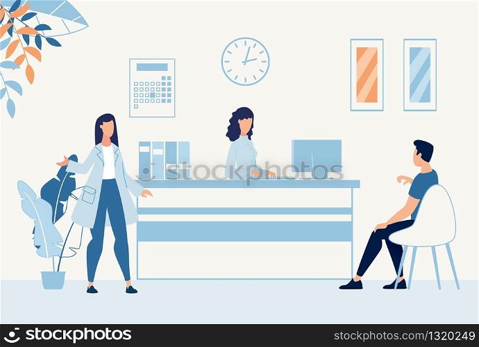 Situation in Hospital Hall at Reception Desk Cartoon. Man Visitor Sitting on Chair Talks to Clinic Administrator. Doctor Therapist Calls Speaking Patient for Physical Examination. Vector Illustration. Situation in Hospital Hall at Reception Desk