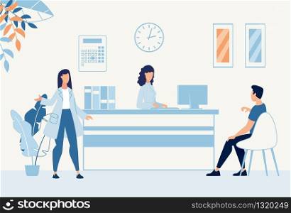 Situation in Hospital Hall at Reception Desk Cartoon. Man Visitor Sitting on Chair Talks to Clinic Administrator. Doctor Therapist Calls Speaking Patient for Physical Examination. Vector Illustration. Situation in Hospital Hall at Reception Desk