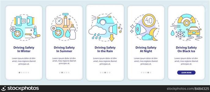 Situational driving safety onboarding mobile app screen. Walkthrough 5 steps editable graphic instructions with linear concepts. UI, UX, GUI template. Myriad Pro-Bold, Regular fonts used. Situational driving safety onboarding mobile app screen