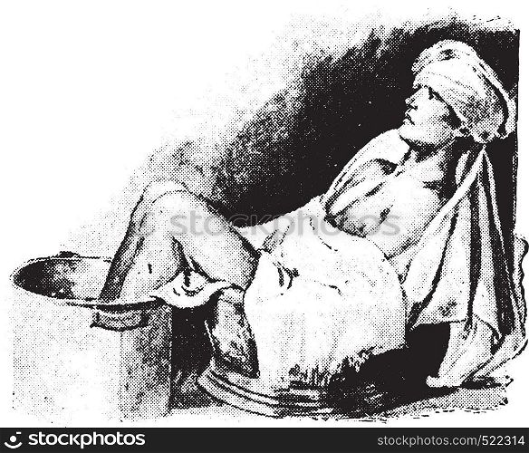 Sitz and foot bath combined, with cold compress on head, vintage engraved illustration.