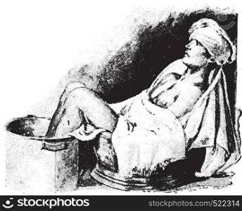 Sitz and foot bath combined, with cold compress on head, vintage engraved illustration.