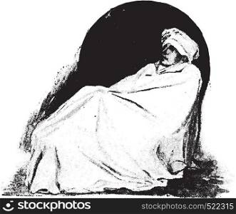 Sitz bath, patient protected by a blanket, vintage engraved illustration.