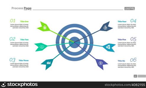 Six arrows hitting target process chart template. Business data visualization. Achievement, idea, plan, management, teamwork or marketing creative concept for infographic, report, project layout.