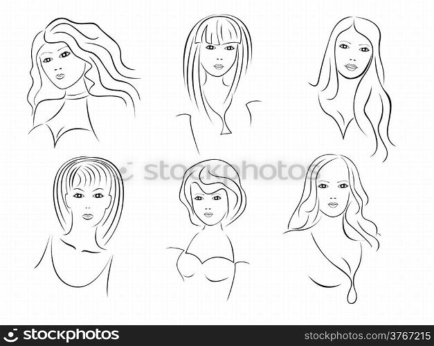 Six beautiful young women contour portraits, hand drawing vector artwork