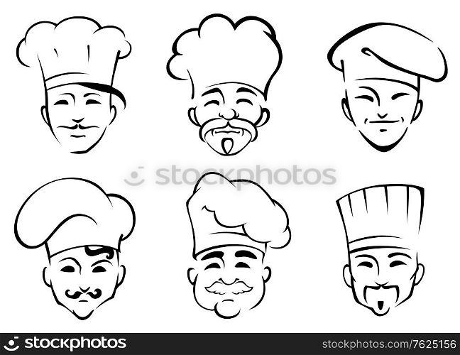 Six black and white doodle sketch heads of chefs wearing traditional toques in cartoon style