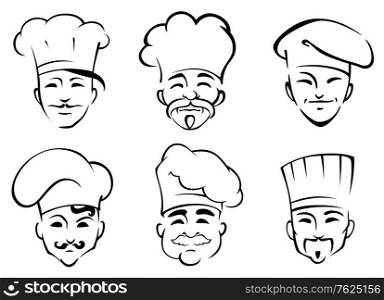 Six black and white doodle sketch heads of chefs wearing traditional toques in cartoon style