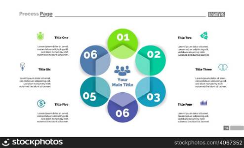 Six circle flowchart slide template. Business data. Graph, diagram, design. Creative concept for infographic, web design. Can be used for topics like project management, business development, strategy