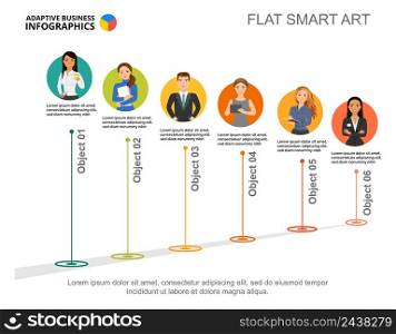 Six colleagues process chart template for presentation. Business data visualization. Strategy, management, production or marketing creative concept for infographic, report, project layout.. Six colleagues process chart template for presentation