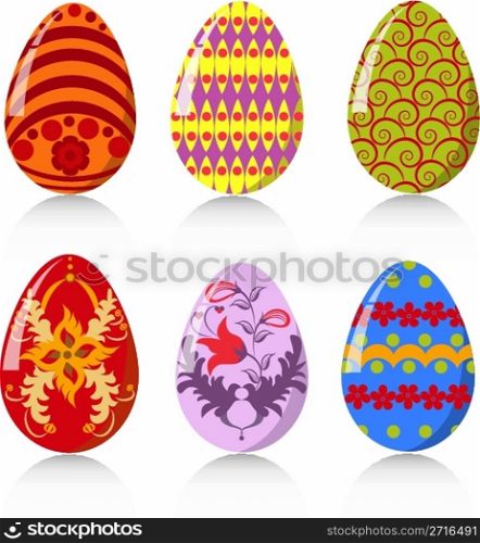 six color easter eggs over white background