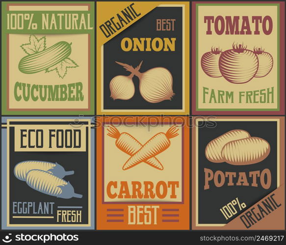 Six colorful retro style vertical cards set with vegetable symbols and advertising captions flat vector illustration. Vintage Vegetable Cards Set