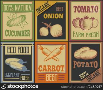 Six colorful retro style vertical cards set with vegetable symbols and advertising captions flat vector illustration. Vintage Vegetable Cards Set
