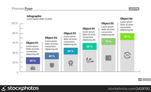Six columns bar chart slide template. Business data. Percentage, diagram, design. Creative concept for infographic, presentation, report. Can be used for topics like management, finance, research.