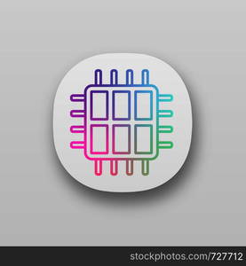 Six core processor app icon. UI/UX interface. Hexa microprocessor. Microchip, chipset. CPU. Central processing unit. Multi-core processor. Integrated circuit. Application. Vector isolated illustration. Six core processor app icon