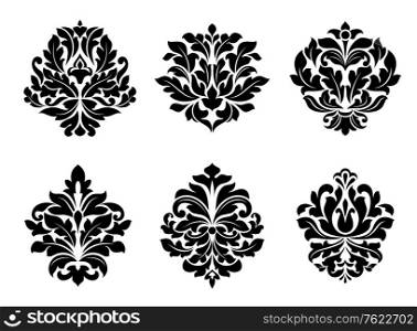 Six different black and white floral and foliate arabesque designs suitable for textiles like damask or as design elements