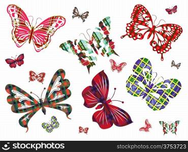 Six different large butterflies with Celtic ornaments and several of their smaller versions on a white background. Hand drawing vector illustration. Six different butterflies with Celtic ornament