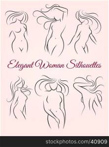 Six elegant long haired woman silhouettes drawn in a linear sketch style. For intimate hygiene and woman health, skin and hair and body caredesign. For diet and fitness illustration. Vector icons