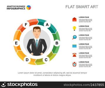 Six elements flow chart template for presentation. Business data visualization. Entrepreneurship, planning, management or marketing creative concept for infographic, report, project layout.