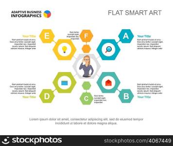 Six elements flow chart template for presentation. Business data visualization. Workflow, idea, management or marketing creative concept for infographic, report, project layout.