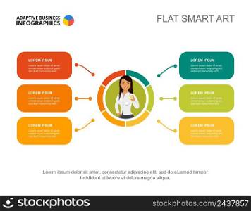 Six elements plan process chart template for presentation. Vector illustration. Diagram, graph, infochart. Vision, production, planning or marketing concept for infographic, report.