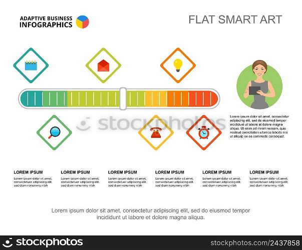 Six elements process chart template for presentation. Vector illustration. Abstract elements of diagram, graph. Workflow, progress, planning, business or production concept for infographic, report.