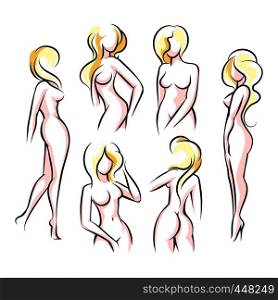 Six Female body outline silhouettes. Woman body beauty sketch, sexy figures. Vector Illustration.