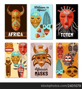 Six flat colorful cards with various african ethnic tribal ritual masks and totems isolated on white background vector illustration. African Ethnic Tribal Masks Cards
