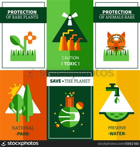 Six Flat Ecology Posters Set. Six flat ecology posters set on theme protection rare plants animals and national parks vector illustration