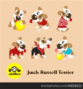 Six funny dogs Jack Russell Terrier in clothes. Clothing for dogs. Vector illustration.