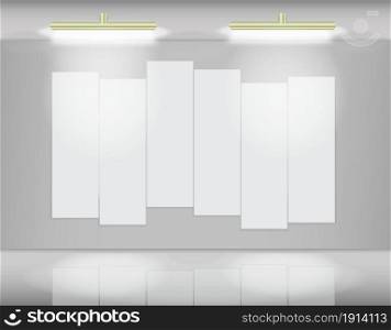 Six highlited white canvases in virtual art gallery. Art gallery with segmented canvas