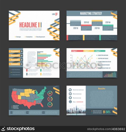 Six horizontal presentation templates banner set with different elements for page of business presentation vector illustration. Presentation Templates Banner Set