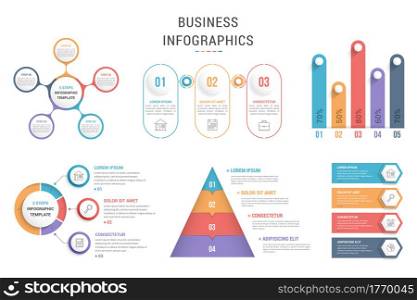 Six infographic templates for web, business, presentations - process charts, circle diagrams, pyramid, bar graph, vector eps10 illustration. Infographic Templates