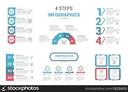 Six infographics templates with 4 steps or options, process chart, workflow, vector eps10 illustration. 4 Steps - Infographic Templates