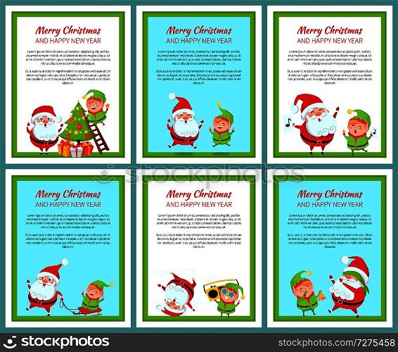 Six merry Christmas and happy New Year banners with ridiculas Santa Claus and elf, vector illustration with text symbols isolated on light backgrounds. Six Merry Christmas and Happy New Year Banners