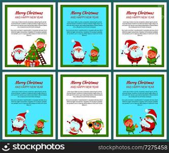 Six merry Christmas and happy New Year banners with ridiculas Santa Claus and elf, vector illustration with text symbols isolated on light backgrounds. Six Merry Christmas and Happy New Year Banners