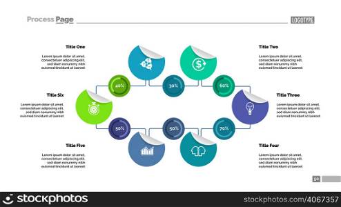 Six options percentage chart template for presentation. Business data. Elements of diagram, graphic. Development, progress, planning, statistics or marketing creative concept for infographic, project.