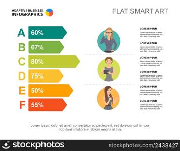 Six options percentage chart template for presentation. Business data visualization. Corporate, planning, analytics or statistics creative concept for infographic, report, project layout.. Six options percentage chart template for presentation