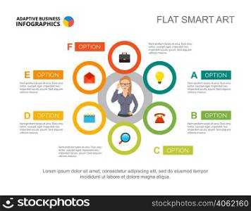 Six options plan process chart template for presentation. Vector illustration. Abstract elements of diagram, graph, infochart. Workflow, business or finance concept for infographic, report.