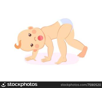 Six or seven month baby milestones, standing on all fours, newborn toddler in diaper isolated cartoon character. Vector infant with open mouth, begins to crawl. Milestones Baby Begin to Crawl Stands on All Fours
